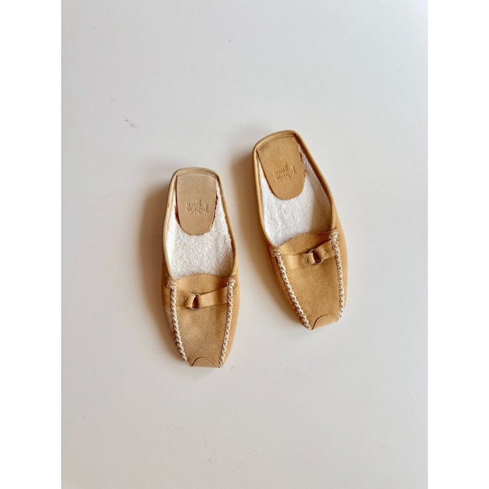PATRICIA GREEN Greenwich Tan Suede Leather Moccasin Mule Slide Slippers, Size 7